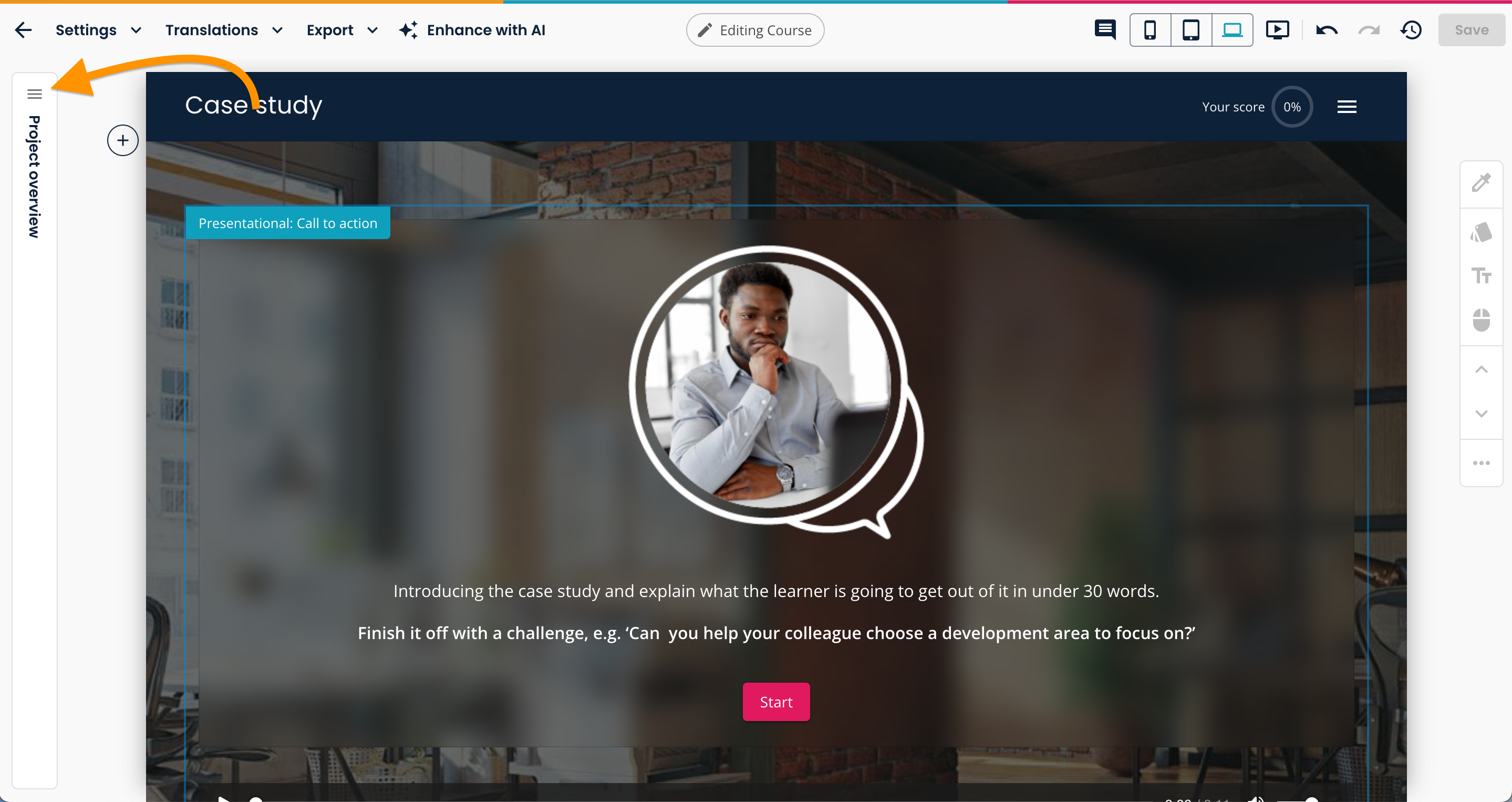 Create, arrow pointing to Project overview menu icon.png