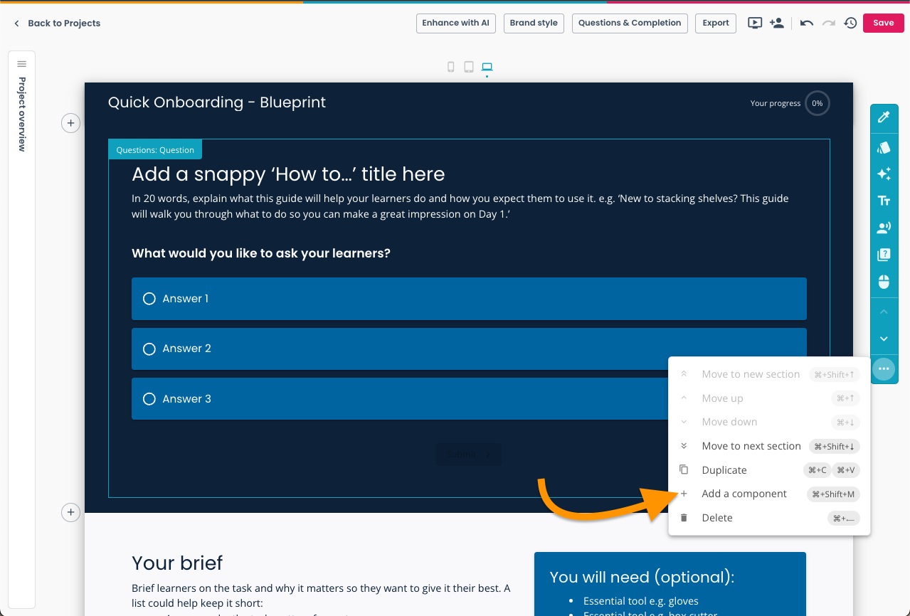 Create, Project toolbar, add a section.png