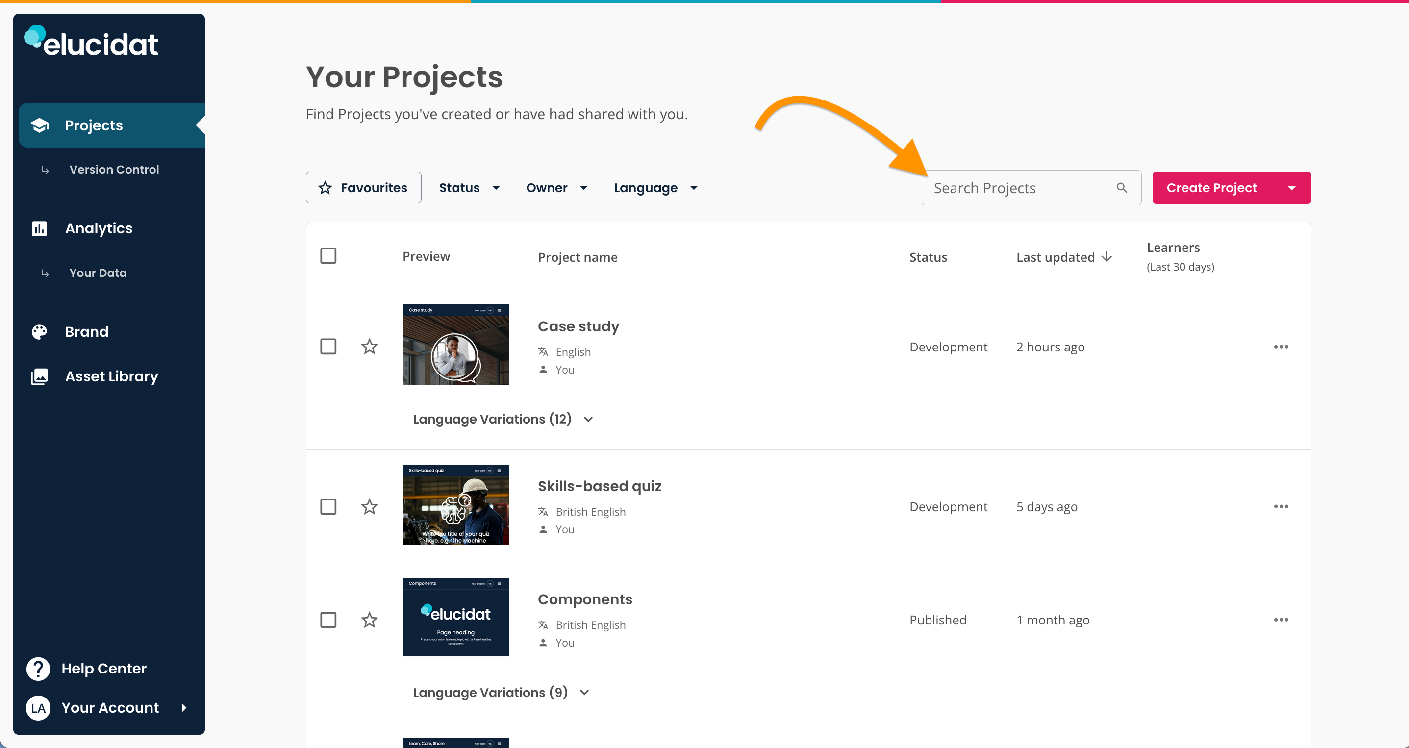 Create, arrow pointing to search field in Project Library