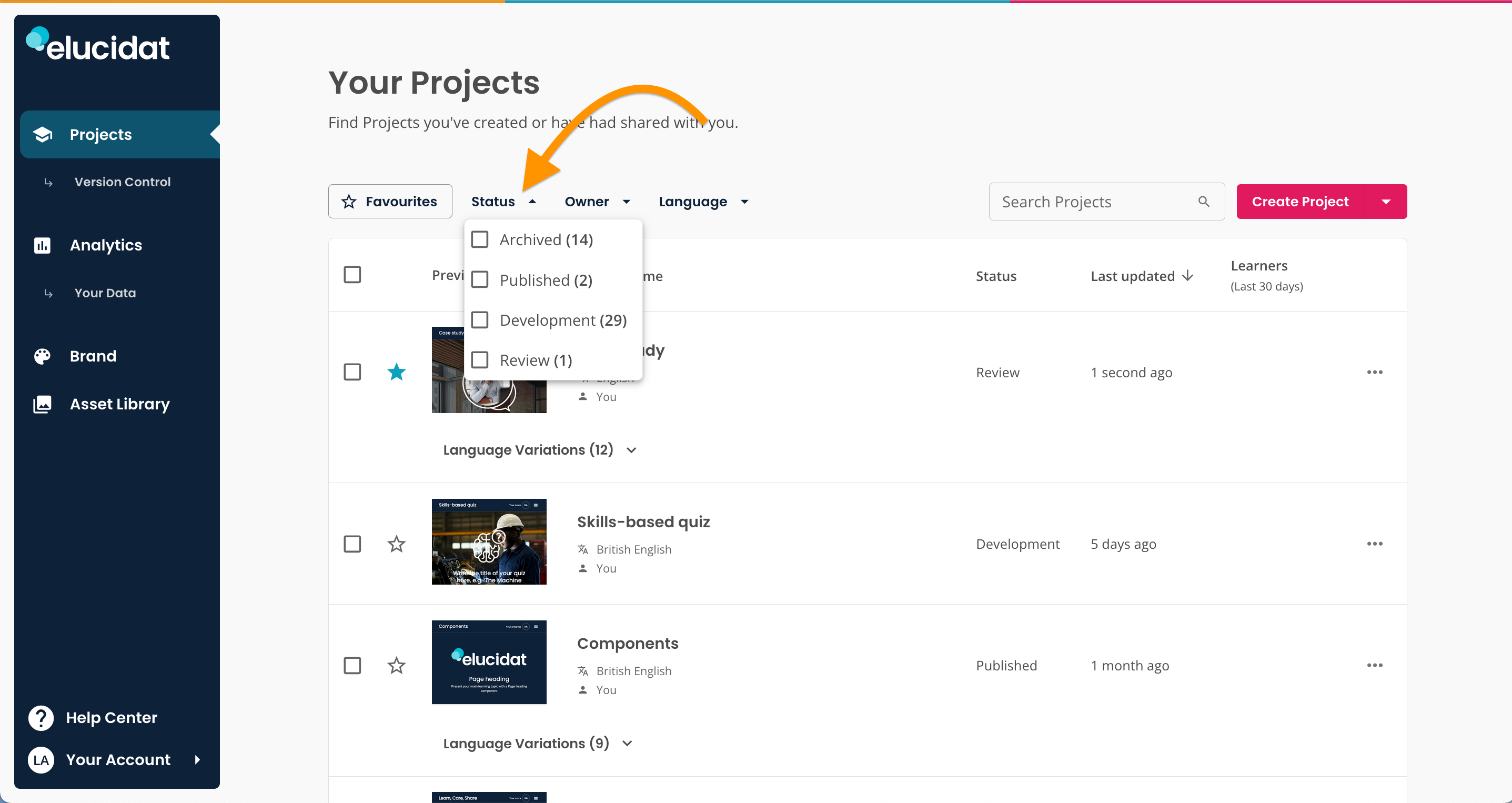 Create, arrow pointing to opened Status filter menu.png