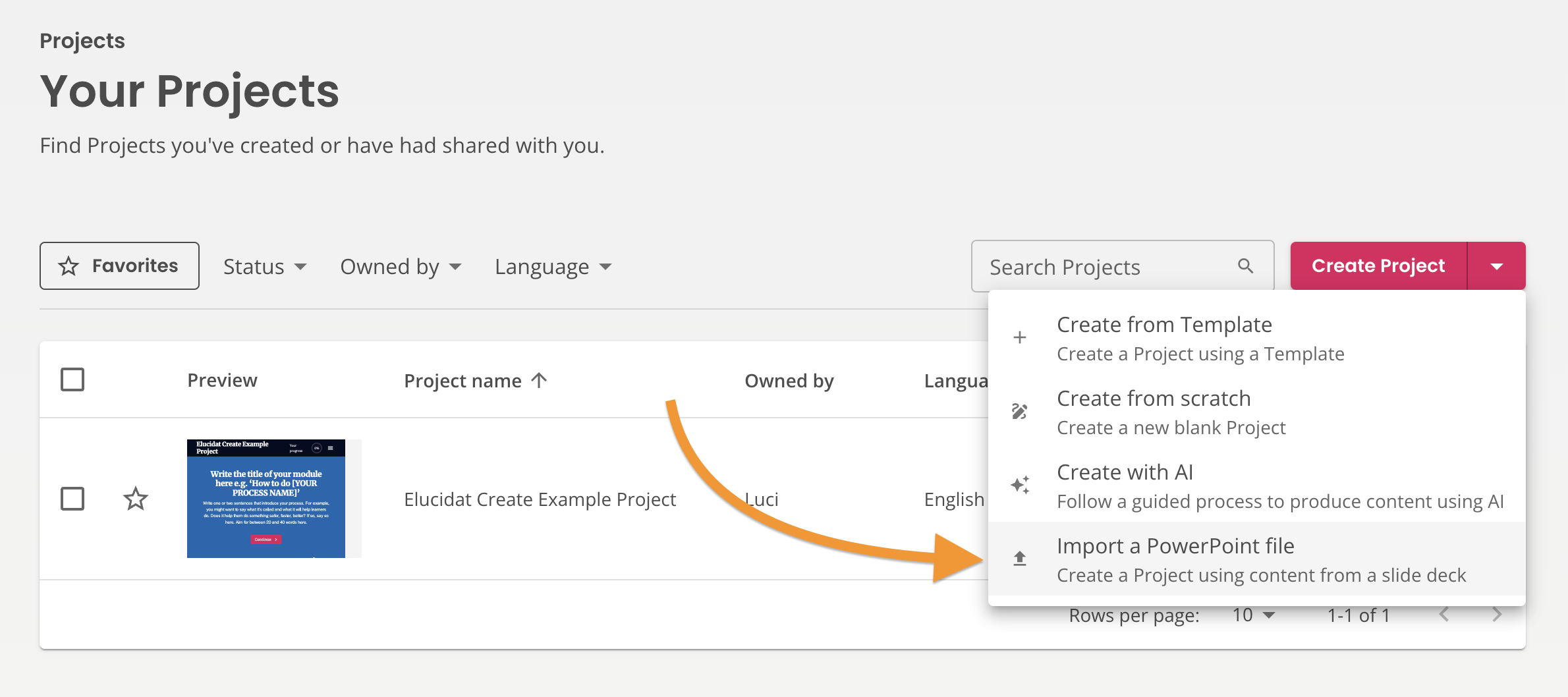 Create, Projects, Arrow pointing to Import a Powerpoint.png