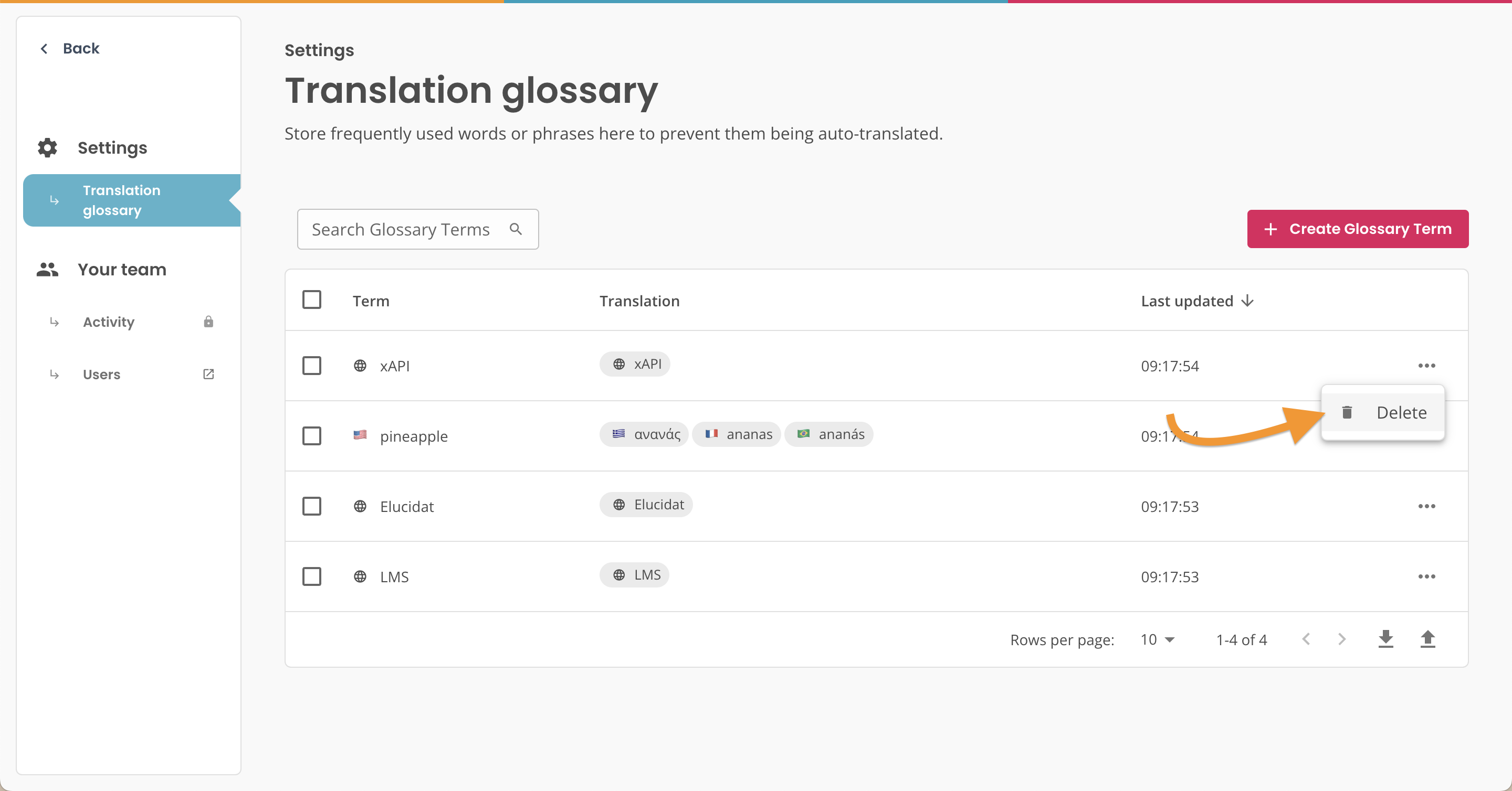 Translation glossary, arrow poinitng to Delete button for one glossary item.png