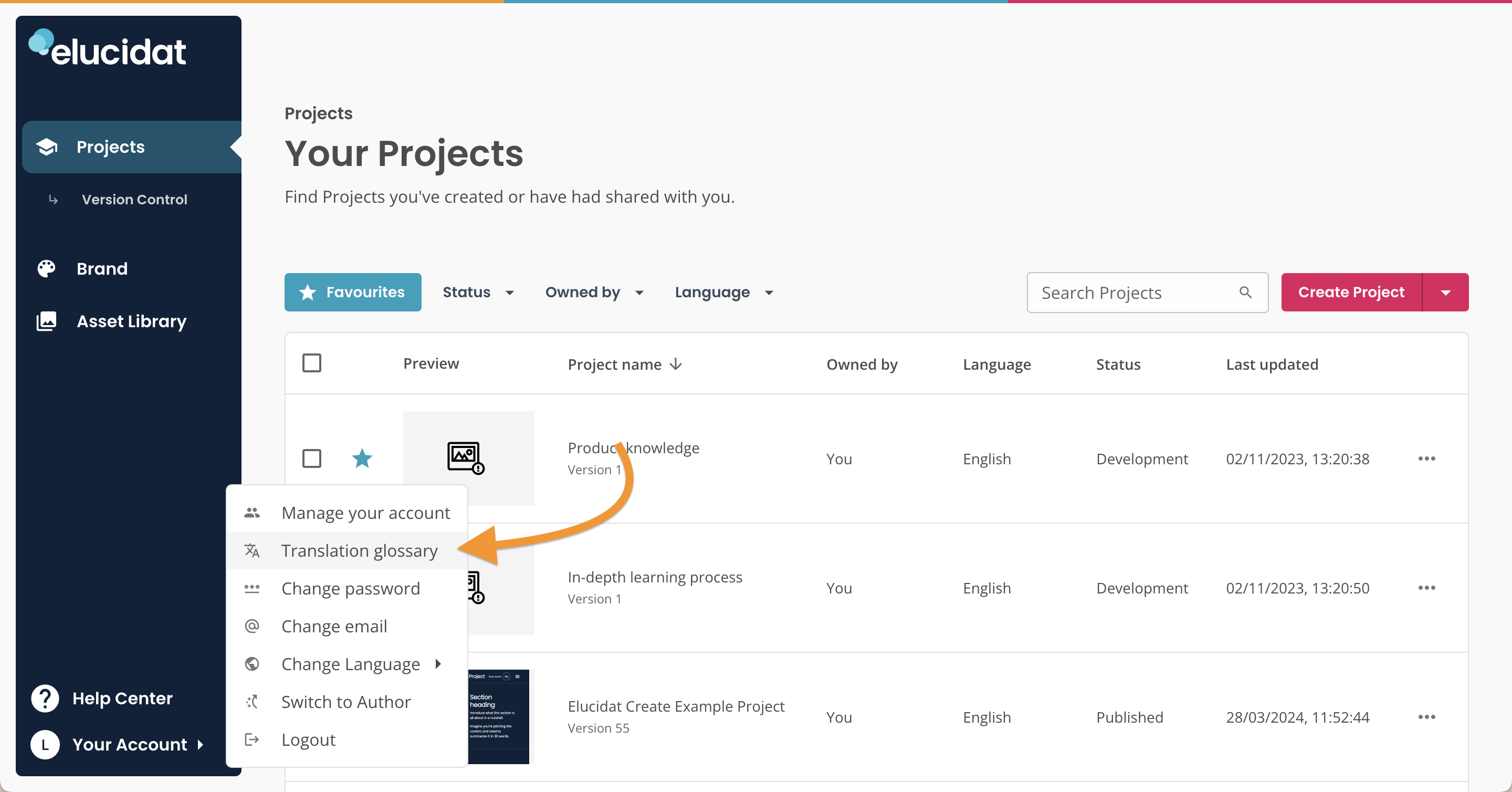 Create, arrow pointing to Translation Glossary option in Your Account.png